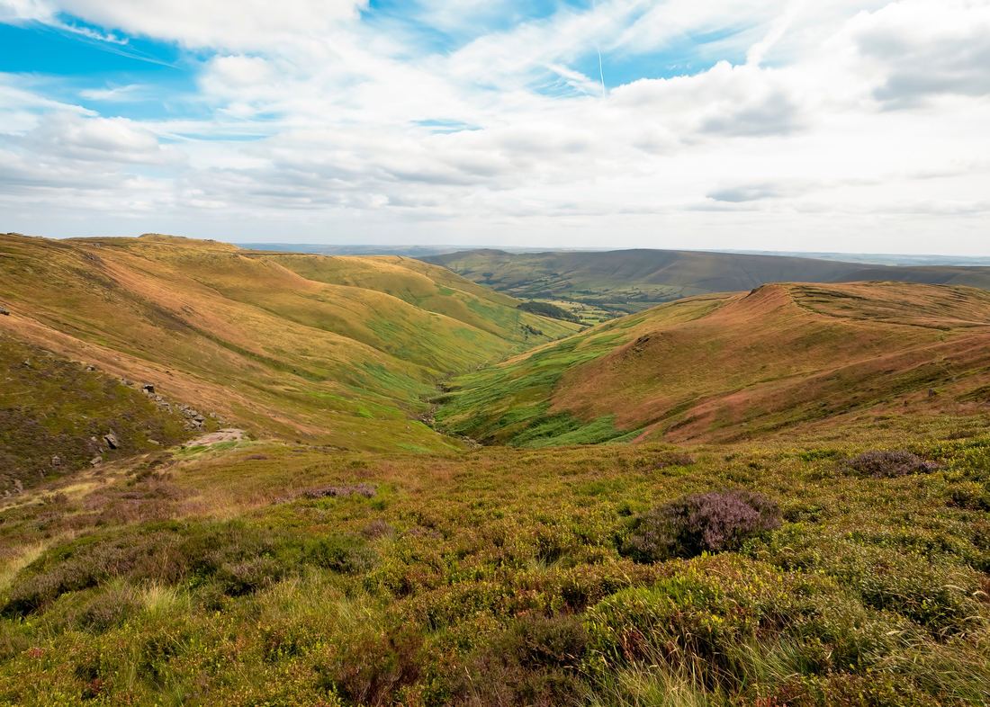 Rolling hills of the Peak District at golden hour